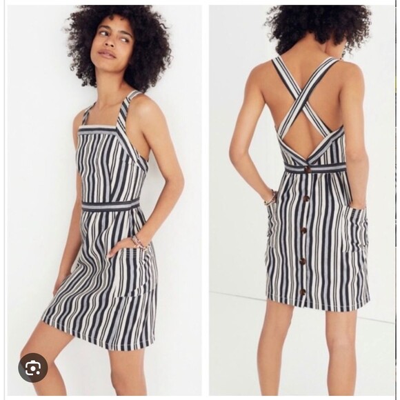 Madewell Apron Dress in Evelyn Stripe Linen Cotton Blend Blue White Size 8 NWT - Picture 1 of 15